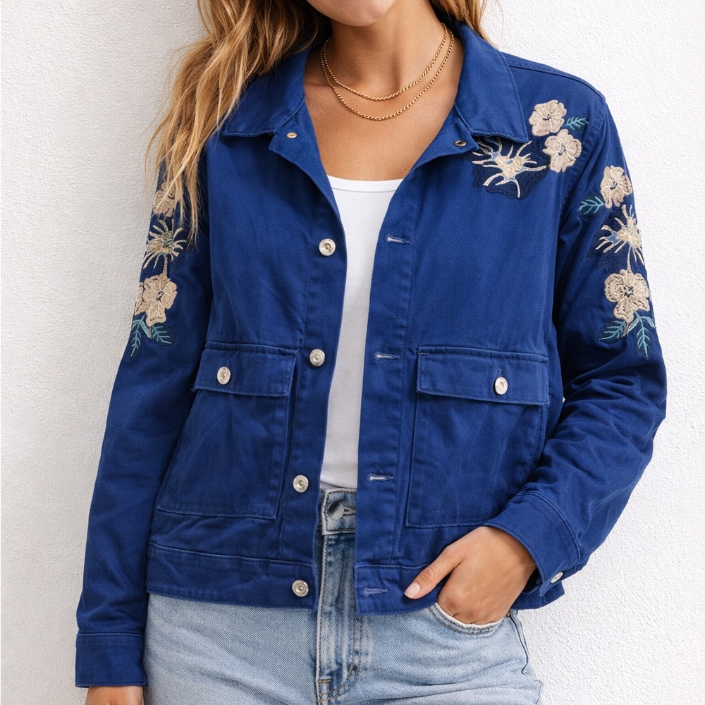 LuLaRoe Blue Floral Embroidered Jean coat button up Jacket Size 2XL